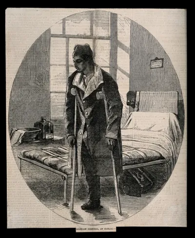 Royal Hospital Haslar: a soldier on crutches with an amputated leg, wounded after the Battle of the Alma