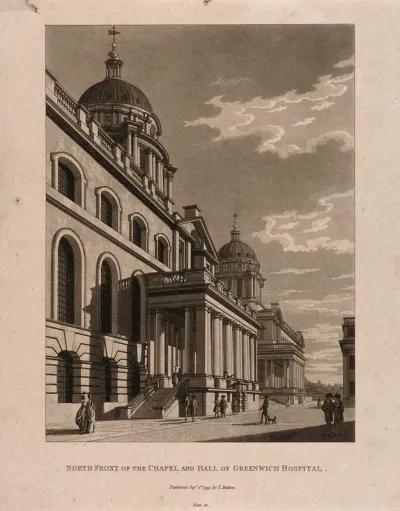 Royal Naval Hospital, Greenwich, a three-quarter view of the Chapel looking west, with people in the foreground