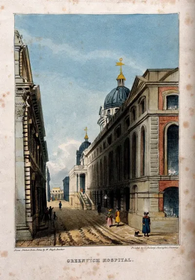 Royal Naval Hospital, Greenwich, a three-quarter view of the Hall and Chapel looking east, with people in the foreground