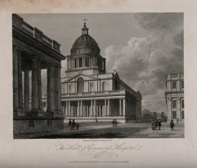 Royal Naval Hospital, Greenwich, a three-quarter view of the Hall