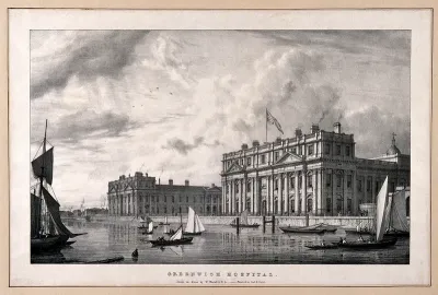 Royal Naval Hospital, Greenwich, from a boat in the river, with ships and rowing boats in the foreground, viewed from a distance up river