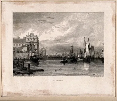 Royal Naval Hospital, Greenwich, from down river, with a multitude of ships and rowing boats on the right