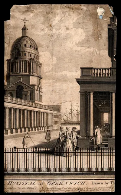 Royal Naval Hospital, Greenwich, from Romney Road looking towards the Isle of Dogs, with a ship at the quayside, people in the foreground