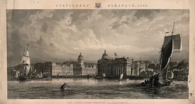 Royal Naval Hospital, Greenwich, from the Isle of Dogs, with ships and rowing boats in the foreground