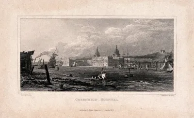 Royal Naval Hospital, Greenwich, from the Isle of Dogs, with ships and rowing boats in the foreground, viewed from a distance up river