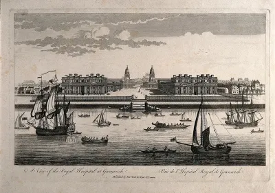 Royal Naval Hospital, Greenwich, from the Isle of Dogs, with ships and rowing boats in the foreground