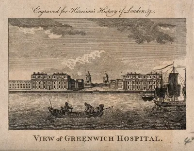 Royal Naval Hospital, Greenwich: ships and rowing boats in the foreground