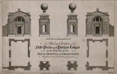 Royal Naval Hospital, Greenwich, the gate piers and porters' lodges: plans and elevations, with a scale of feet
