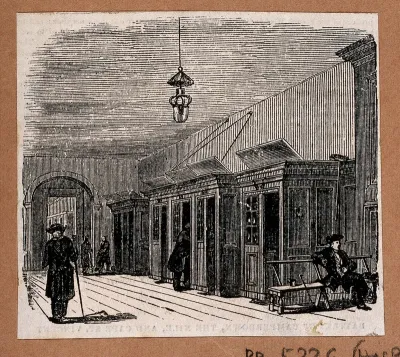 Royal Naval Hospital, Greenwich: the interior of the King Charles Ward, with some "cabbins" and several pensioners