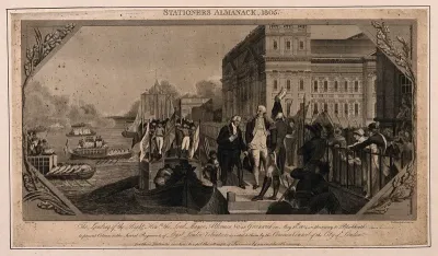 Royal Naval Hospital, Greenwich, the Lord Mayor of London disembarking, greeted by the Governor [?], with rowing boats and barges to the left