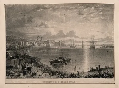 Royal Naval Hospital Greenwich, viewed at sunset from afar with many ships, fishermen in the foreground