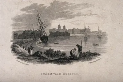 Royal Naval Hospital Greenwich, viewed from afar with two men opening a bundle on the riverbank in the foreground