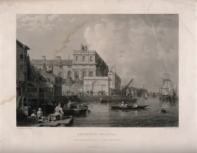 Royal Naval Hospital Greenwich: viewed from down river, with boats in the foreground