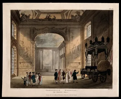 Royal Naval Hospital, Greenwich: visitors in the Painted Hall, with Horatio Nelson's catafalque