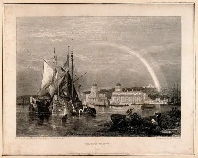 Royal Naval Hospital, Greenwich, with a rainbow over it, from the Isle of Dogs, with ships and rowing boats in the foreground, viewed from a distance up river