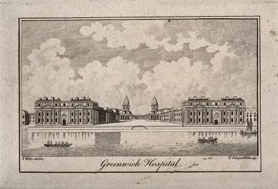 Royal Naval Hospital, Greenwich, with a ship and rowing boats in the foreground