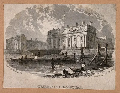 Royal Naval Hospital, Greenwich, with fishermen and mudlarks in the foreground, viewed from a pier