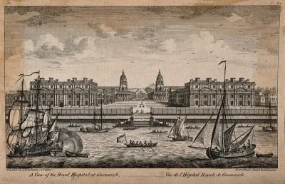 Royal Naval Hospital, Greenwich, with ships and rowing boats in the foreground
