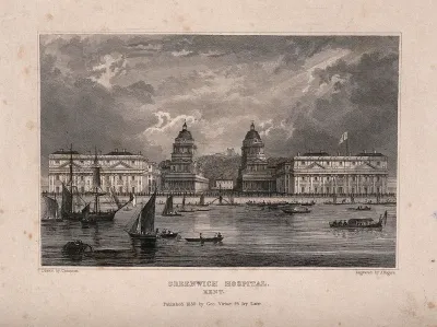 Royal Naval Hospital, Greenwich, with ships and rowing boats in the foreground