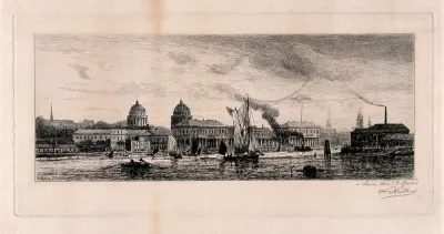 Royal Naval Hospital, Greenwich, with ships and rowing boats in the foreground