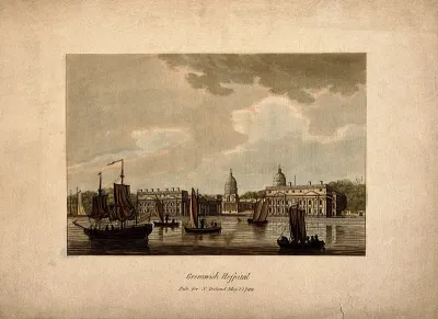 Royal Naval Hospital, Greenwich, with ships and rowing boats in the foreground, seen from the Isle of Dogs