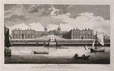 Royal Naval Hospital, Greenwich, with ships and rowing boats in the foreground, small houses either side