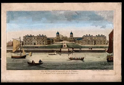 Royal Naval Hospital, Greenwich, with ships and rowing boats in the foreground