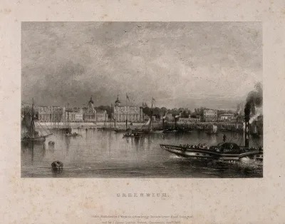 Royal Naval Hospital, Greenwich, with ships and rowing boats, including the paddle steamer "Diamond" heading downriver, in the foreground
