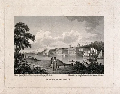 Royal Naval Hospital, Greenwich, with ships, rowing boats and a couple walking on the shore in the foreground