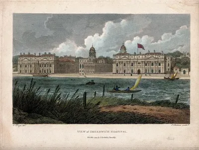 Royal Naval Hospital, Greenwich, with ships, rowing boats, reeds and mooring posts in the foreground, seen from the Isle of Dogs