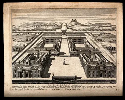 Royal Naval Hospital, Greenwich: with the statue of King George II in place