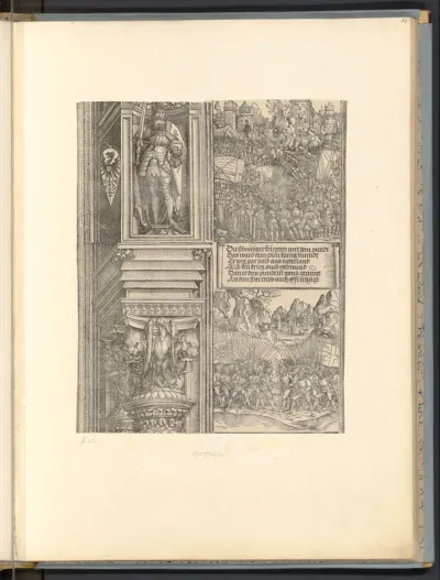 Rudolf der Streitbare, Rückgewinnnung der ungarisch besetzten Lande 1490, Der Schweizer Krieg 1499 (Die Ehrenpforte Kaiser Maximilians I., Historiendarstellungen, B', C' 2.1, 4)