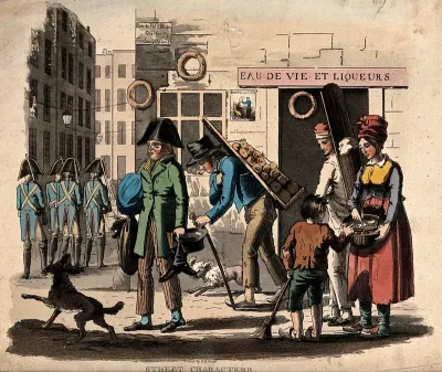 Rue du Petit Musc, Paris: street vendors outside a liquor shop;a group of soldiers walk down the street on the left, while a boy wearing clogs sweeps the street