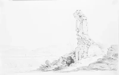 Ruin i forgrunden af landskab med akvædukt (Claudius' akvædukt, Monte Cavo i baggrunden).