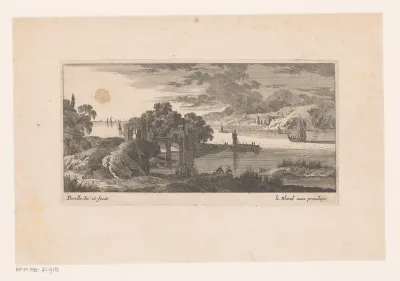 Ruïne bij water met schepen