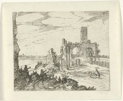 Ruïne met bogen en een toren aan het water