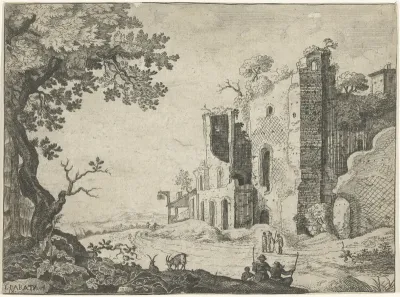 Ruïne met bomen begroeid