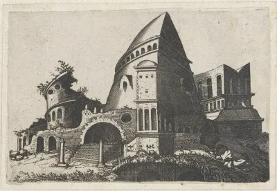Ruïne met piramidevormige toren