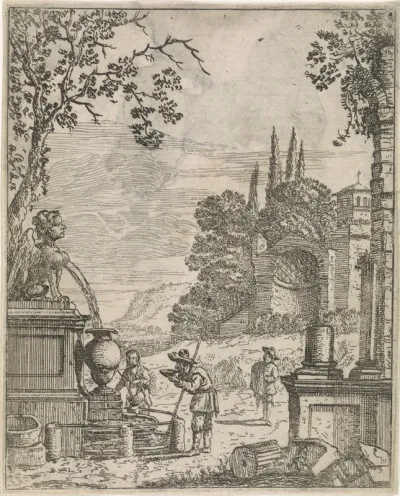 Ruïne met wandelaars