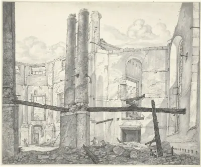 Ruïne van de op 18 september 1822 verbrande Nieuwe Luthersche Kerk te Amsterdam, van binnen naar de Singel