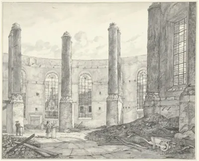 Ruïne van de op 18 september 1822 verbrande Nieuwe Luthersche Kerk te Amsterdam, van de buitendeur naar binnen te zien