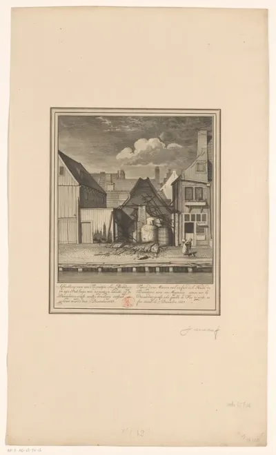 Ruïne van een deels afgebrande terpentijnoliebranderij op de Passeerdersgracht, 1683