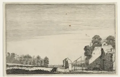 Ruïne van een huis met een houten brug in een landschap