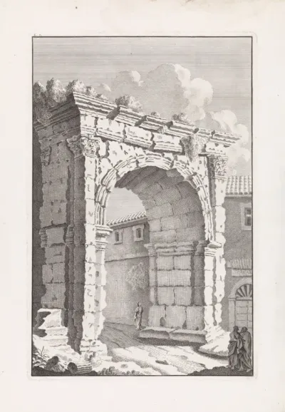 Rüine van een Romeins poort met twee mannen