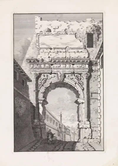 Ruïne van een Romeinse stadspoort met fries met figuren