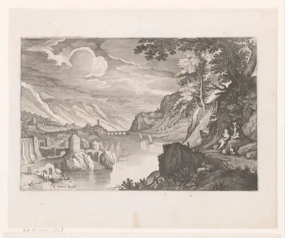 Ruïne van een stad met rivier in berglandschap met spinnende herders