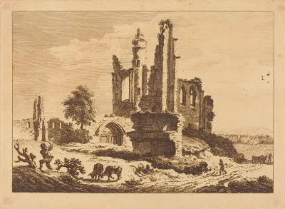 Ruined Abbey with Cattle and a Man Chopping Wood