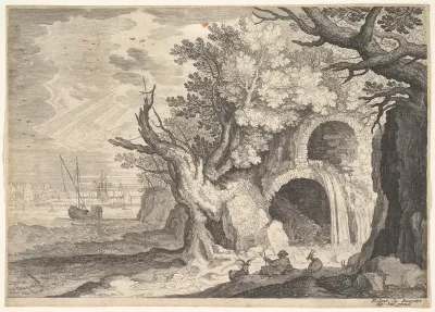 Ruined aqueduct with water spilling from it to a stream below, ships at sea beyond, a man reclining on the ground with three goats in the foreground, from "Six Landscapes in Tyrol"