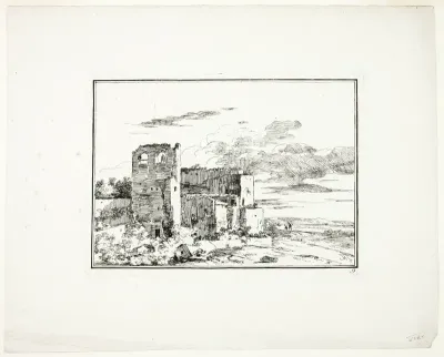 Ruined Buildings near a River Bank, plate 9 from Quatrieme suite de paysages dessinés et grave a l’eau-forte par Moreau (Fourth Series of Landscapes Drawn and Etched by Moreau)