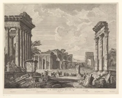 Ruïnelandschap met de Tempel van Antonius en Faustina, de Boog van Titus en de Tempel van Jupiter Optimus Maximus